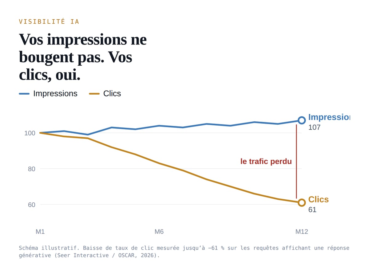 Vos impressions ne bougent pas, vos clics oui Courbes indexées sur douze mois : impressions Google stables, clics en forte baisse