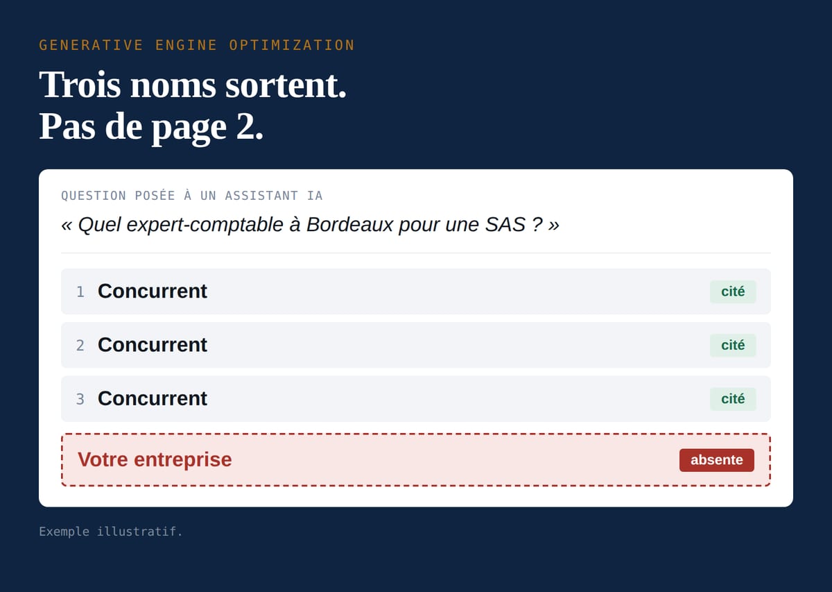 Ce que répond l'IA sur votre marché Exemple de réponse d'IA citant trois cabinets concurrents, l'entreprise absente de la liste